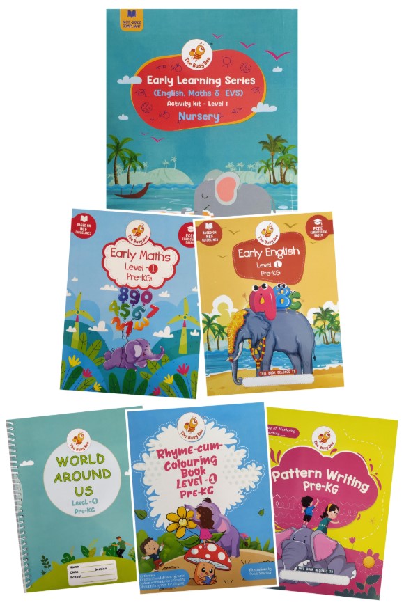 Book Set Of The Busy Bee Early Learning Series (English, Maths & EVS) | Activity Kit - Level 1 | Nursery or Pre -KG || Rhyme-Cum-Colouring Book | World Around Us | Early English| Early Maths | Pattern Writing (Level -1)